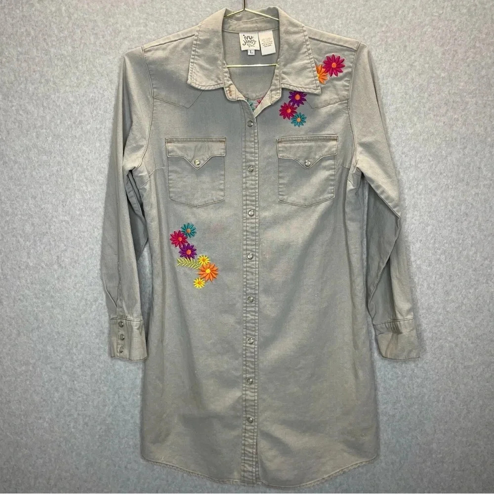 Ivy Jane Linen Blend Embroidered Pearl Snap Button Down Shirt Dress
